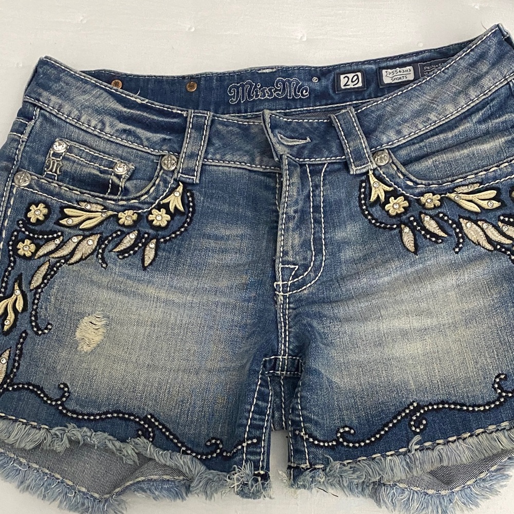 Miss Me Floral Embellished Jean Shorts - Blue